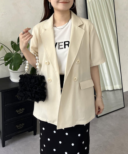 亞麻觸感W鈕釦短袖夾克