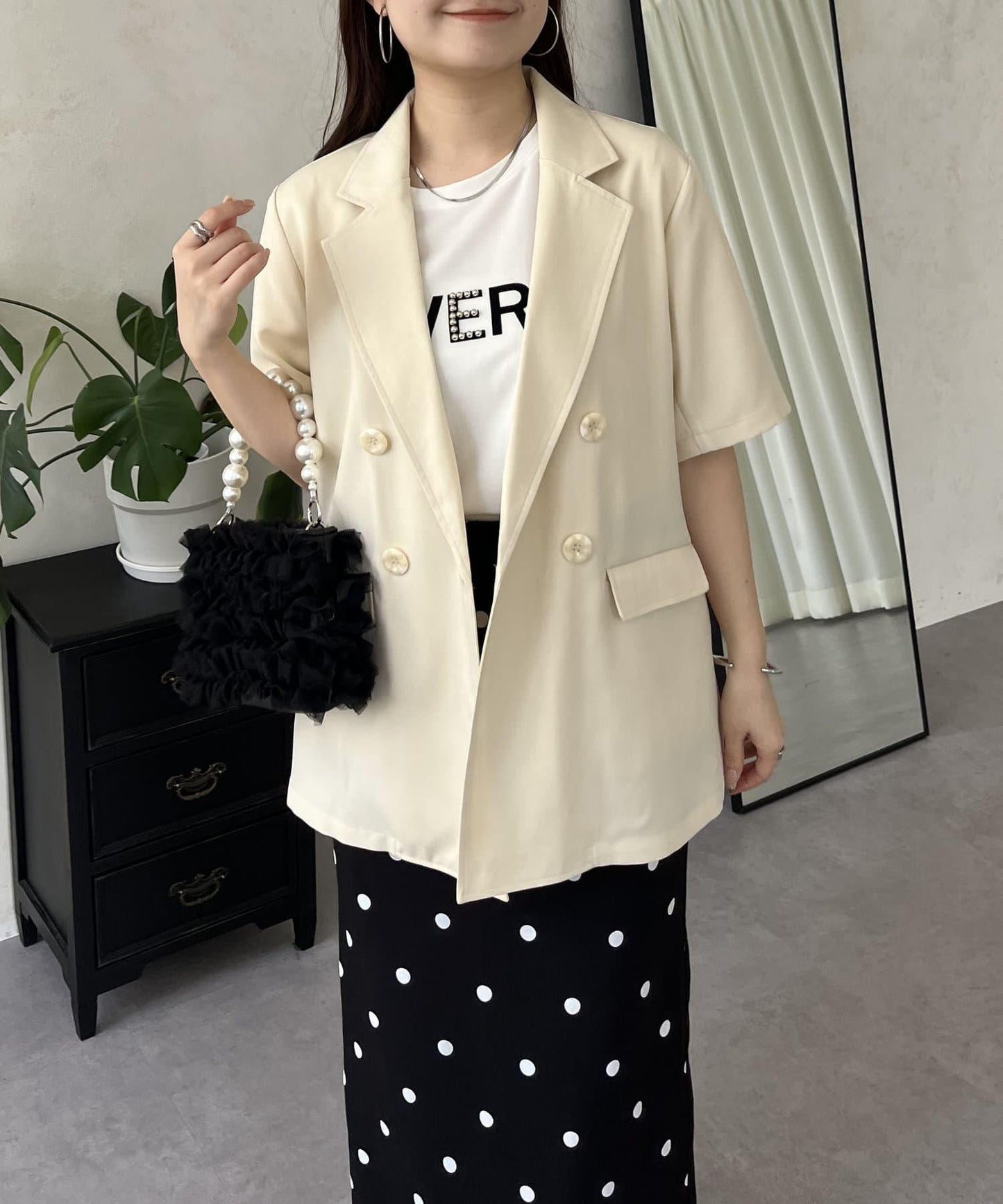 亞麻觸感W鈕釦短袖夾克