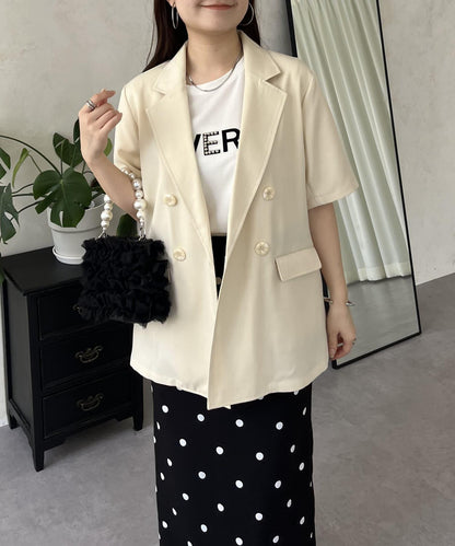 亞麻觸感W鈕釦短袖夾克