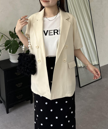 亞麻觸感W鈕釦短袖夾克