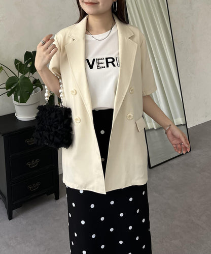 亞麻觸感W鈕釦短袖夾克