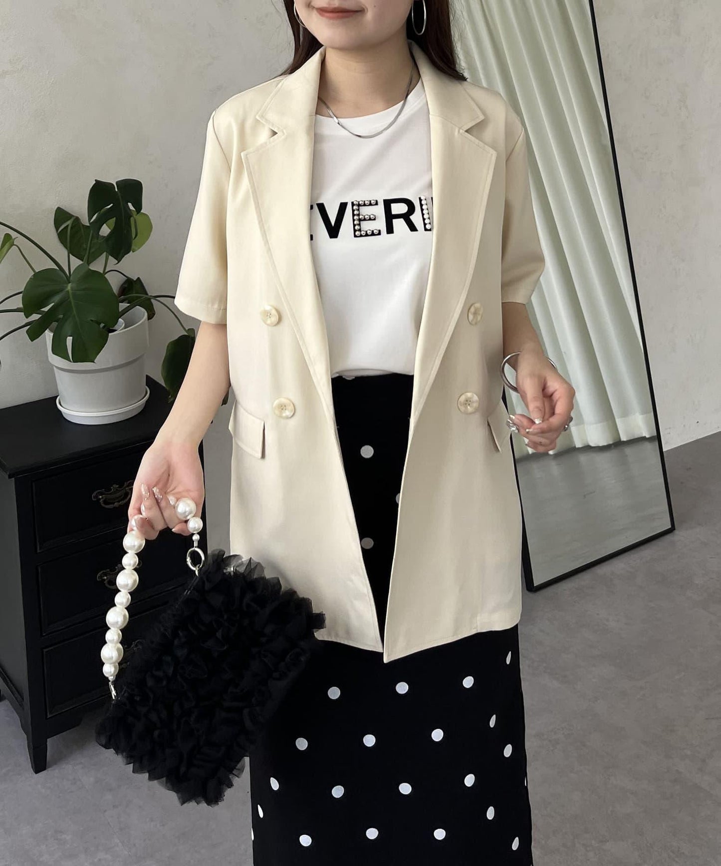 亞麻觸感W鈕釦短袖夾克