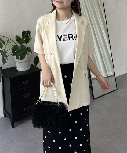 亞麻觸感W鈕釦短袖夾克