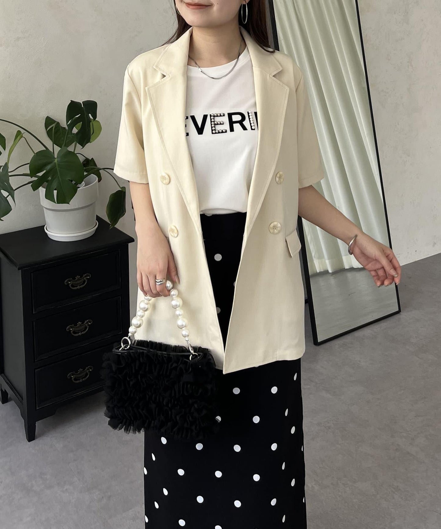 亞麻觸感W鈕釦短袖夾克