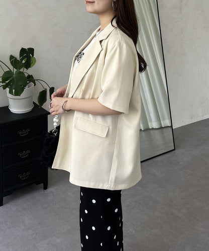 亞麻觸感W鈕釦短袖夾克