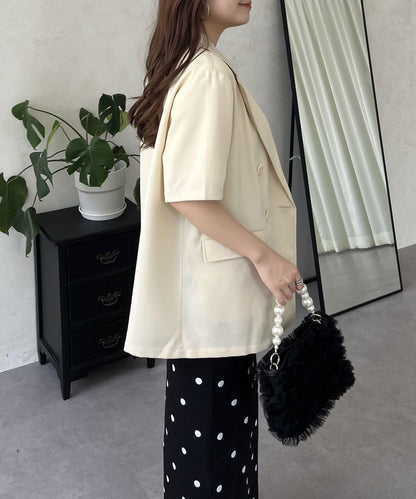 亞麻觸感W鈕釦短袖夾克