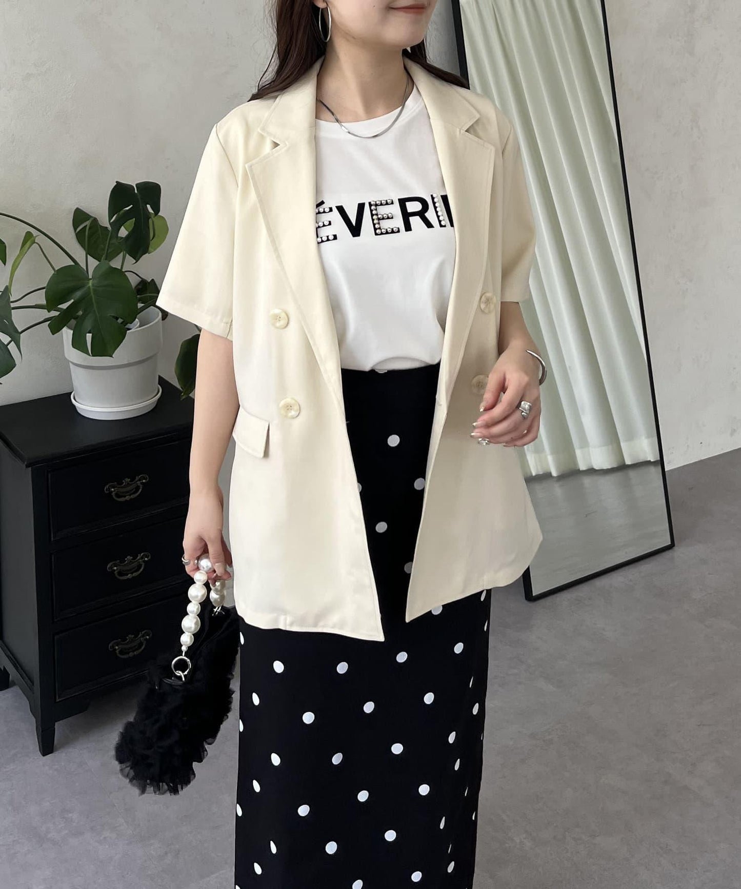 亞麻觸感W鈕釦短袖夾克