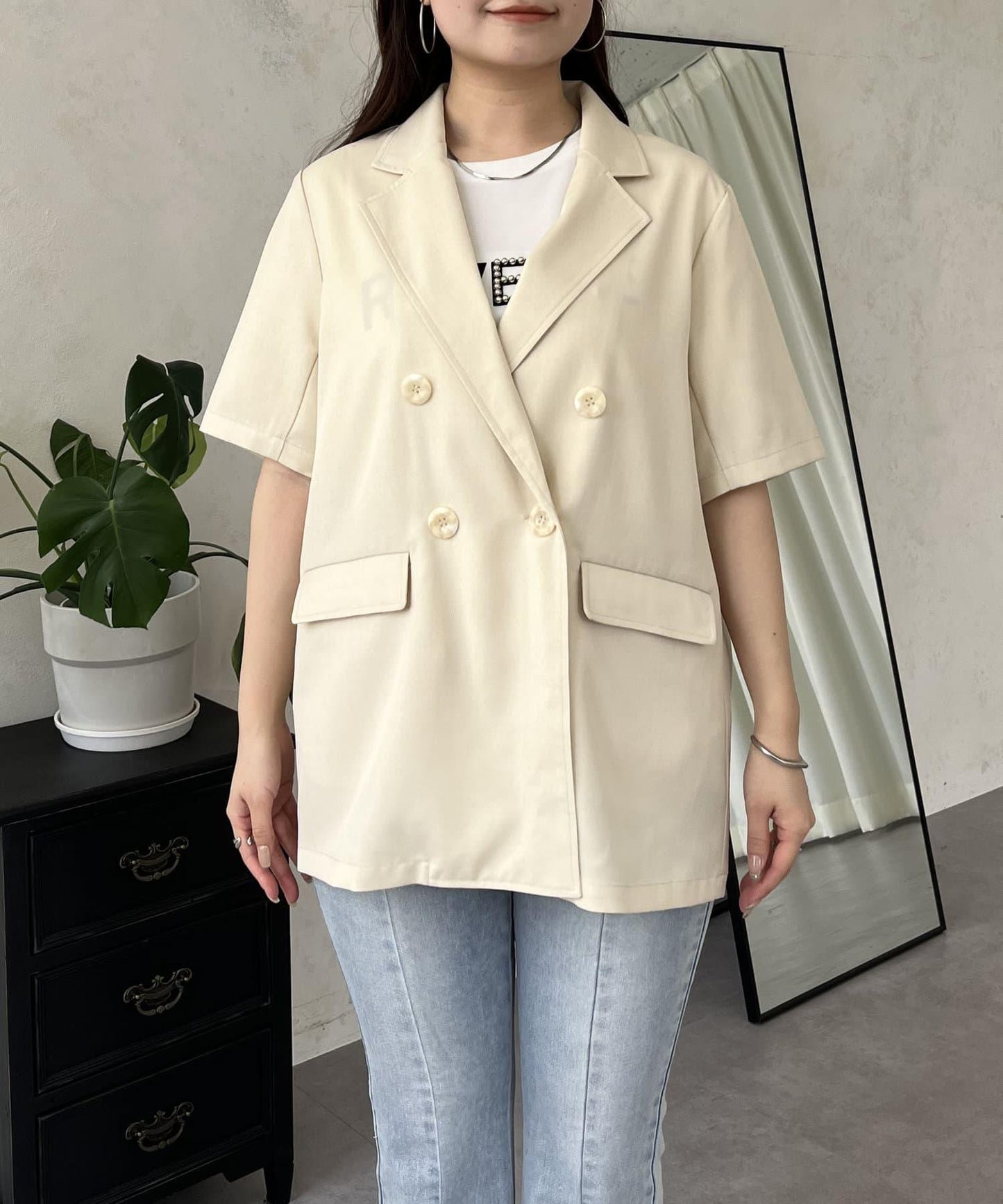 亞麻觸感W鈕釦短袖夾克