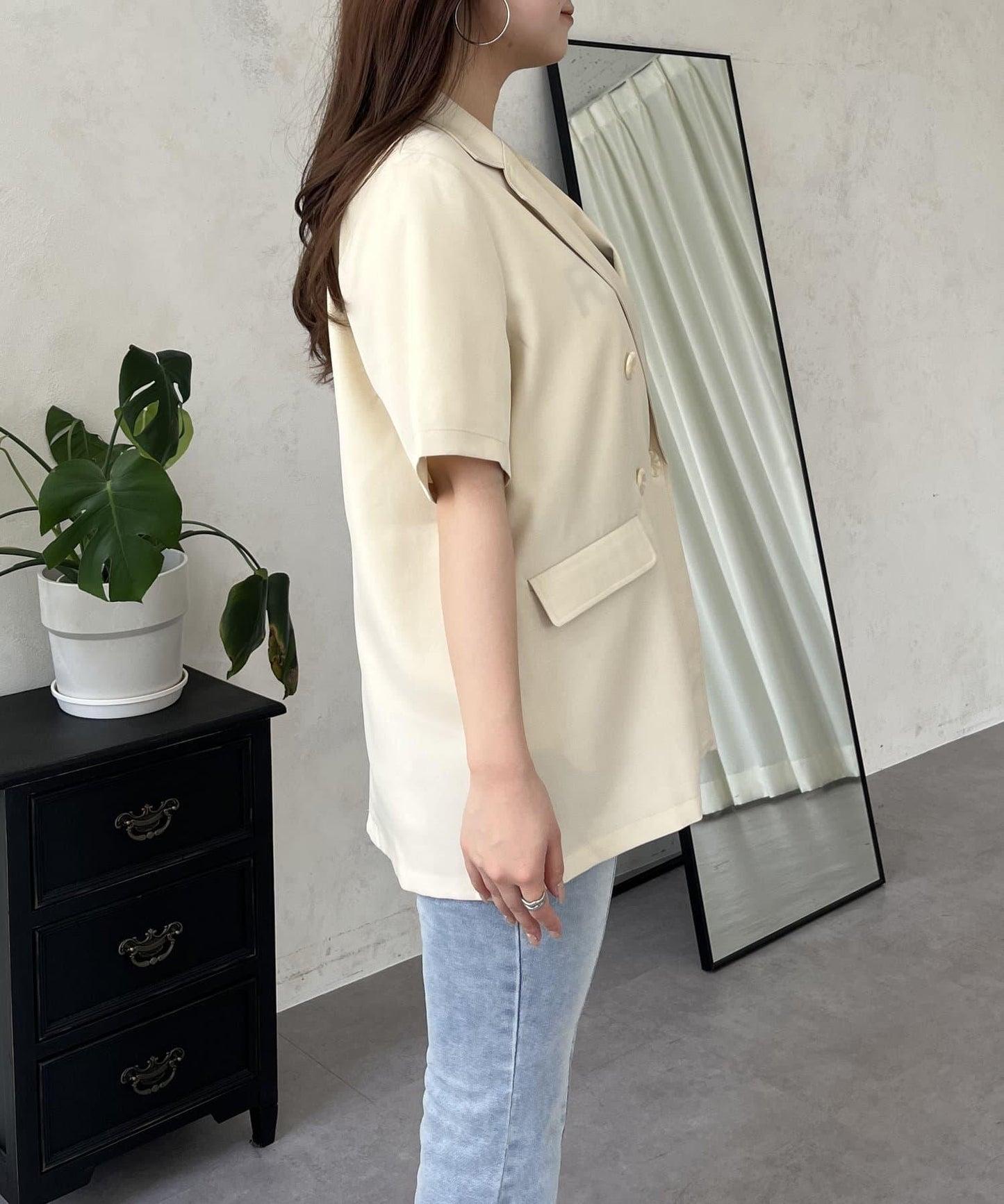 亞麻觸感W鈕釦短袖夾克