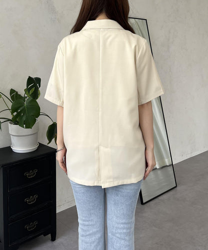 亞麻觸感W鈕釦短袖夾克