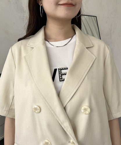 亞麻觸感W鈕釦短袖夾克