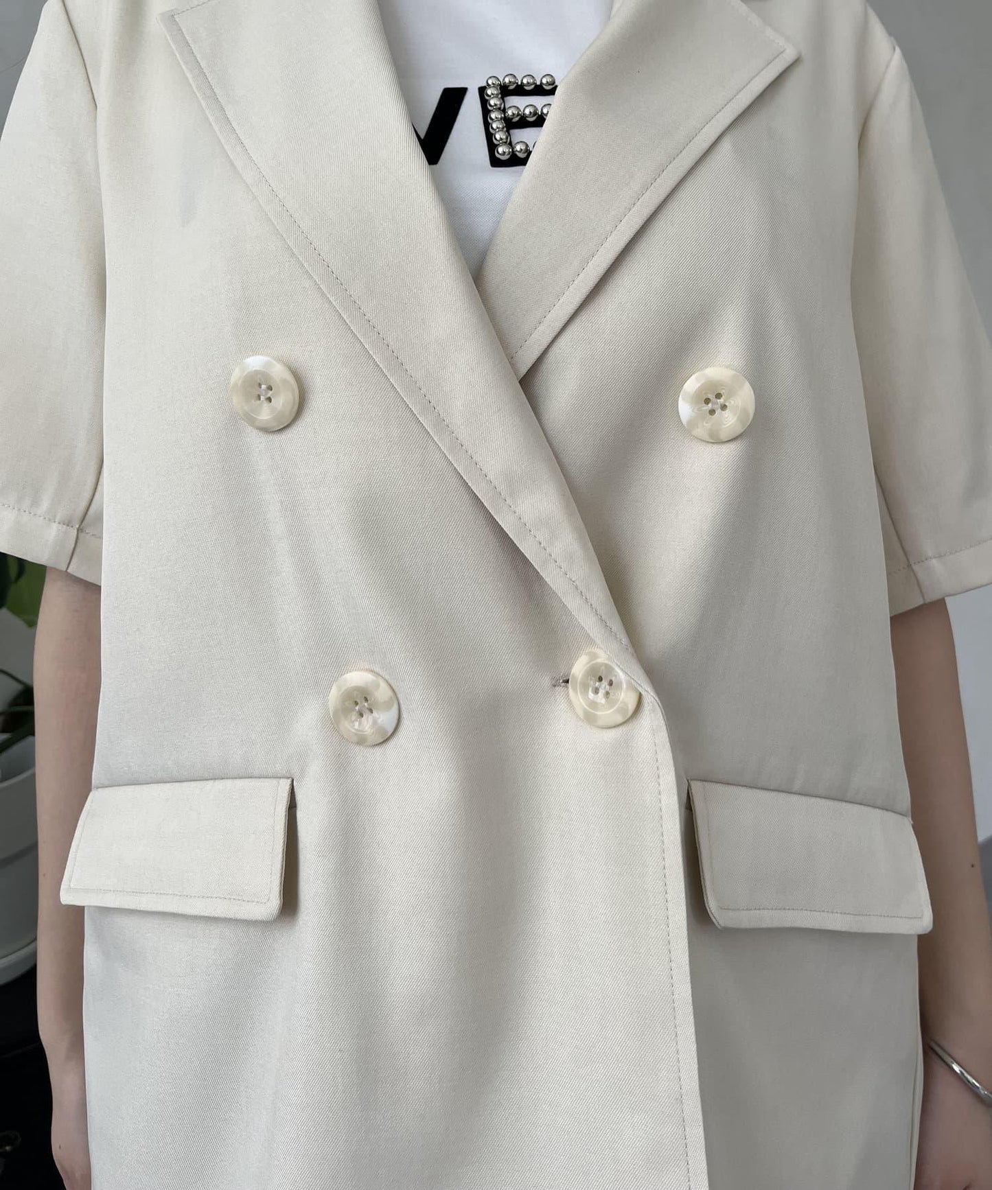 亞麻觸感W鈕釦短袖夾克