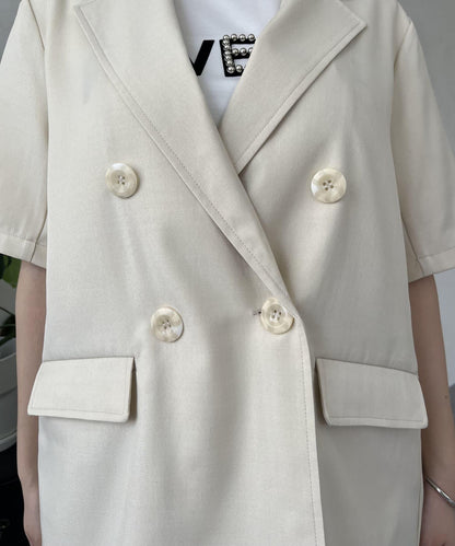 亞麻觸感W鈕釦短袖夾克