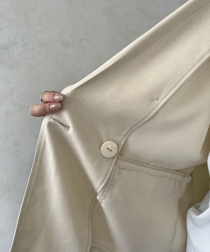 亞麻觸感W鈕釦短袖夾克