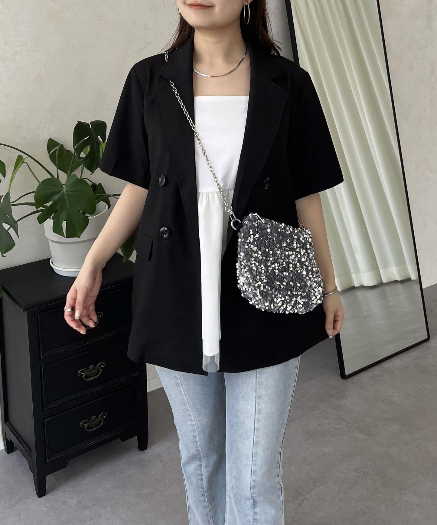 亞麻觸感W鈕釦短袖夾克