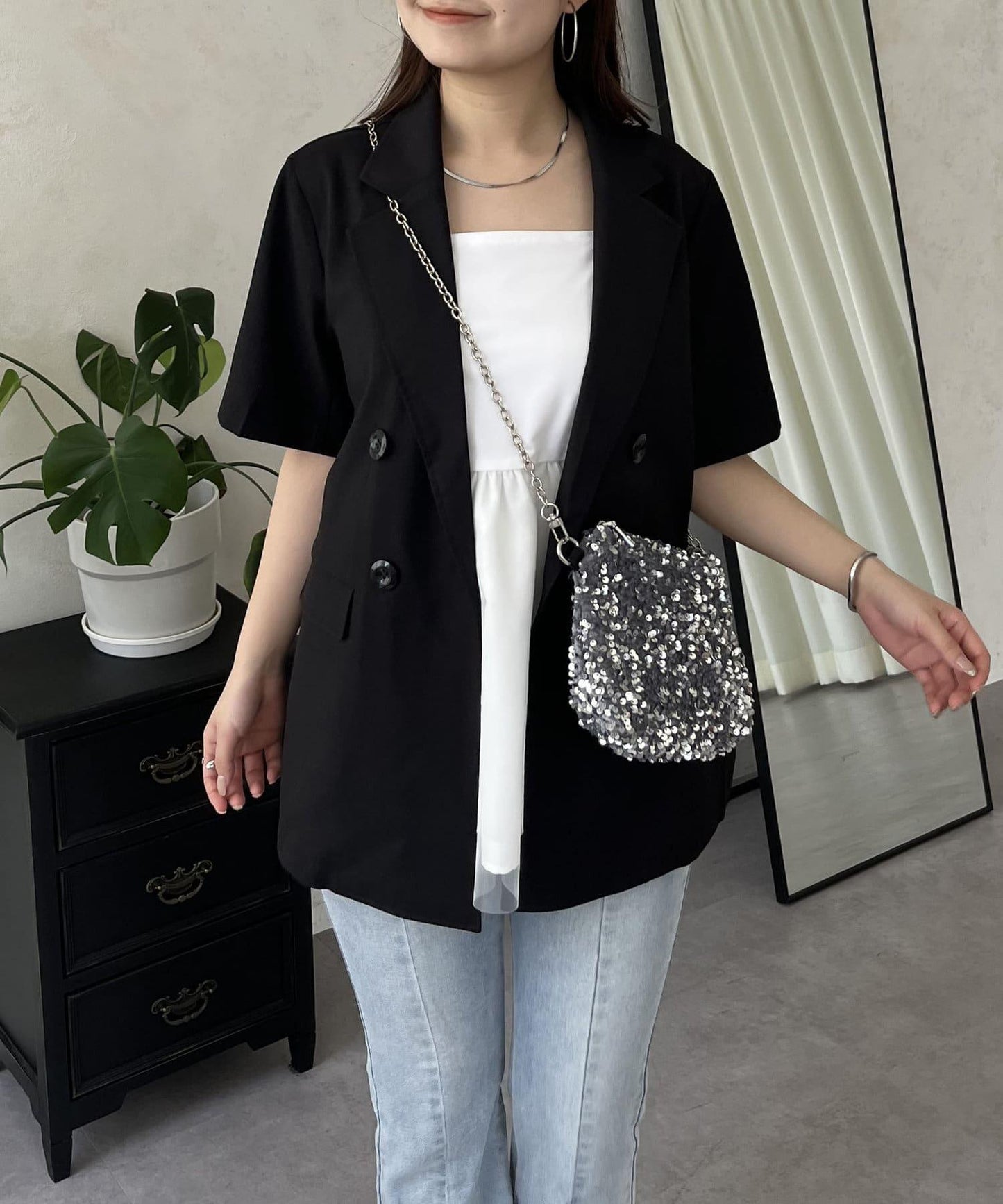 亞麻觸感W鈕釦短袖夾克