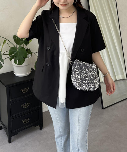 亞麻觸感W鈕釦短袖夾克