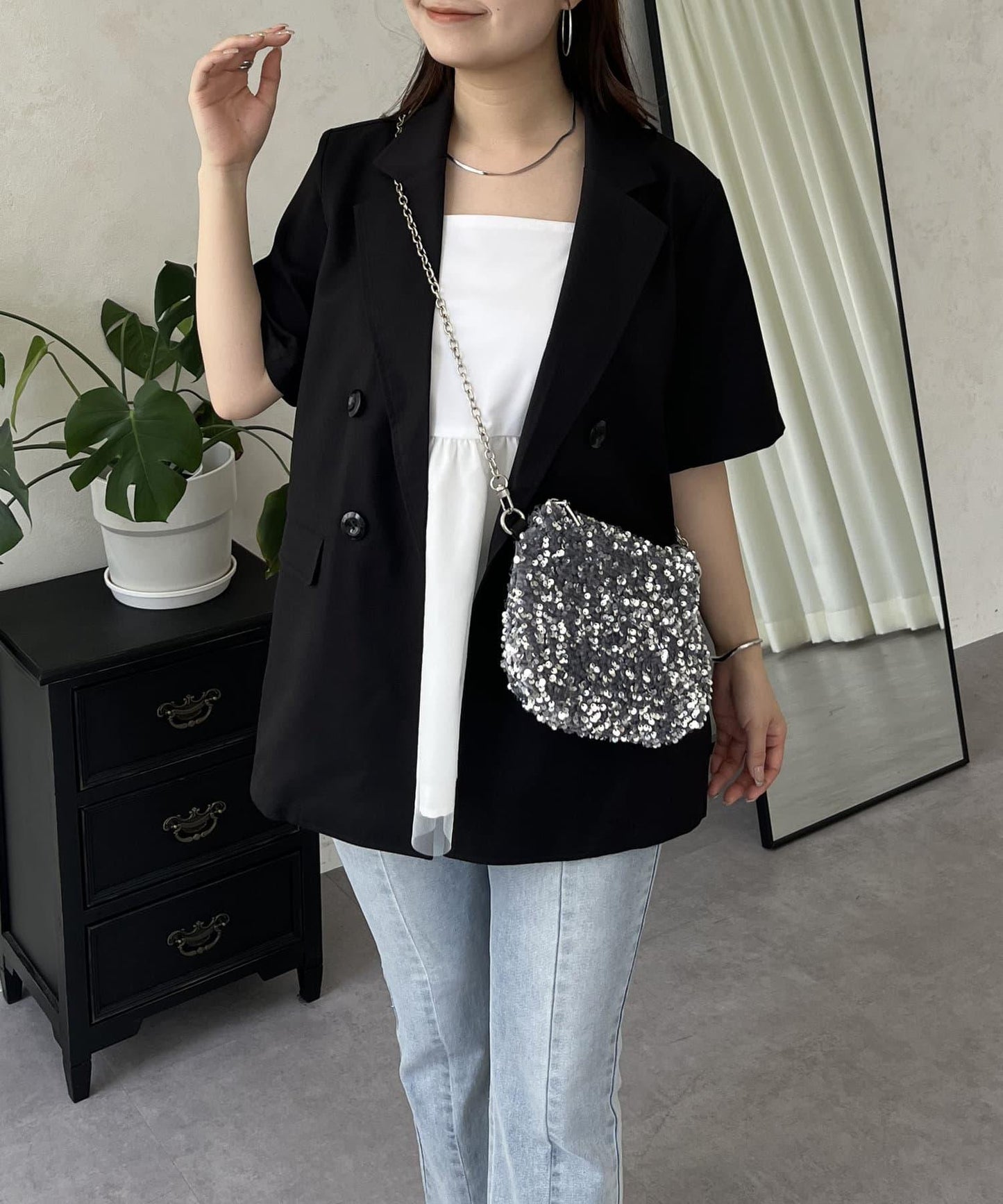 亞麻觸感W鈕釦短袖夾克