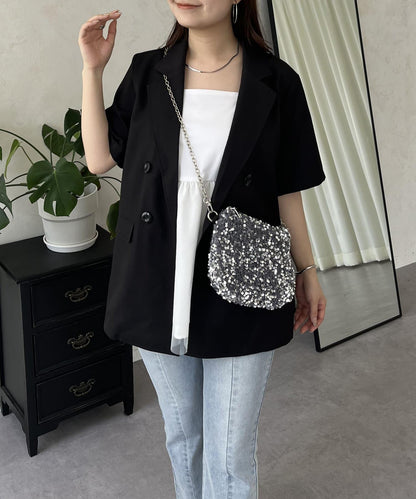 亞麻觸感W鈕釦短袖夾克