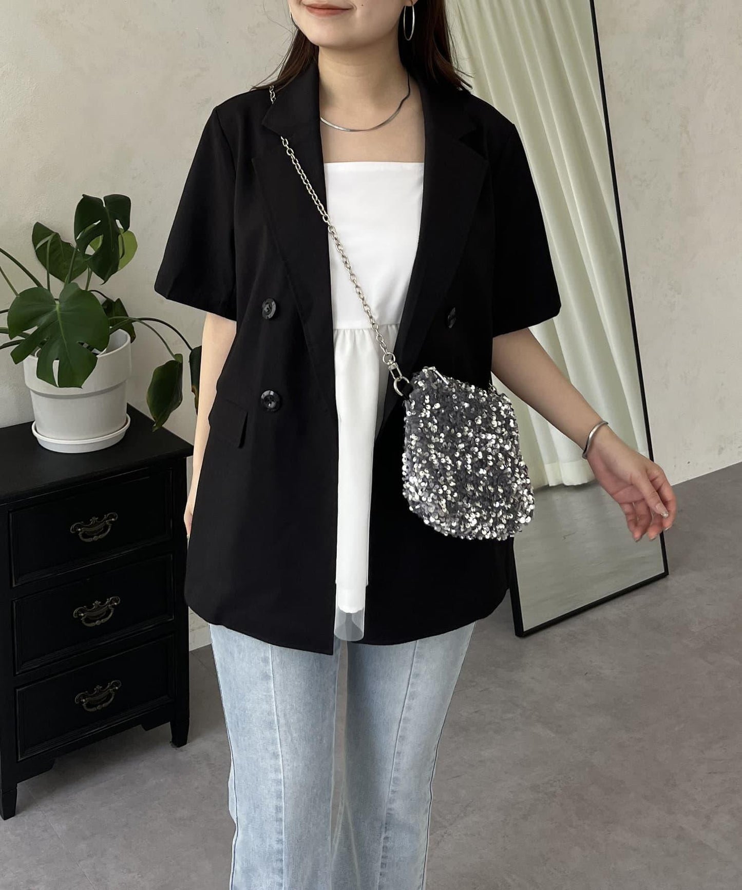 亞麻觸感W鈕釦短袖夾克