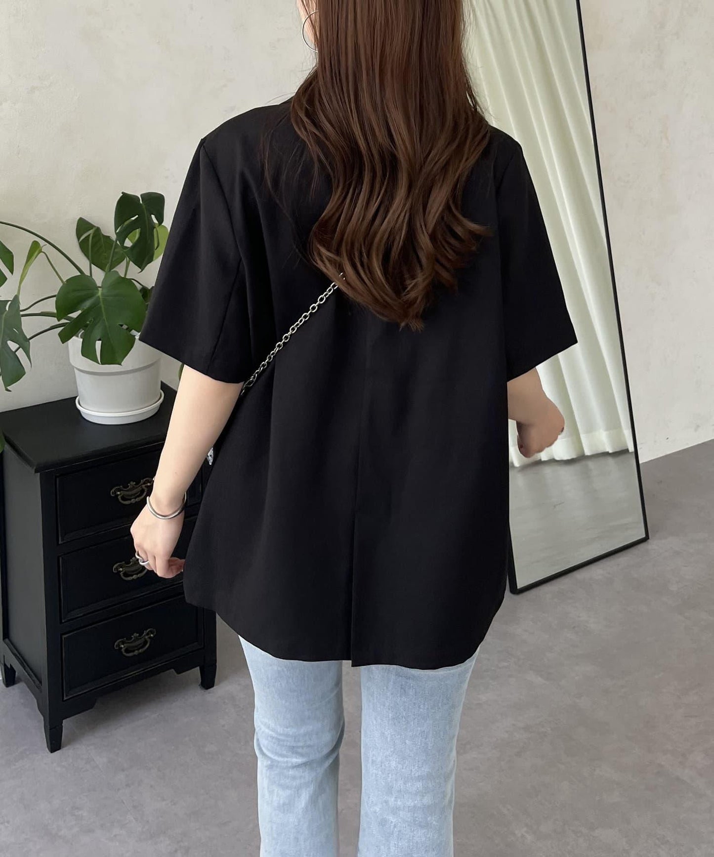 亞麻觸感W鈕釦短袖夾克