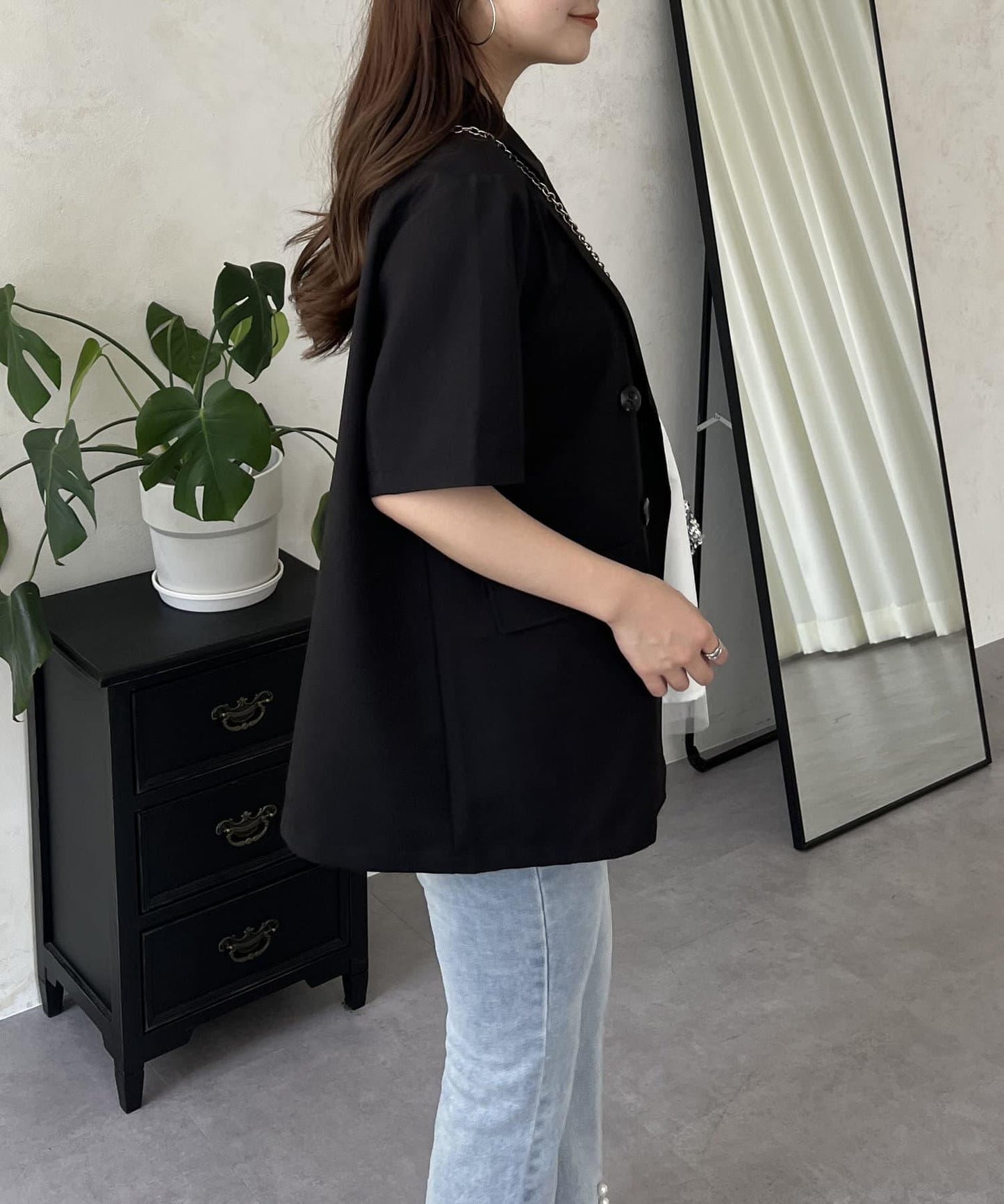 亞麻觸感W鈕釦短袖夾克