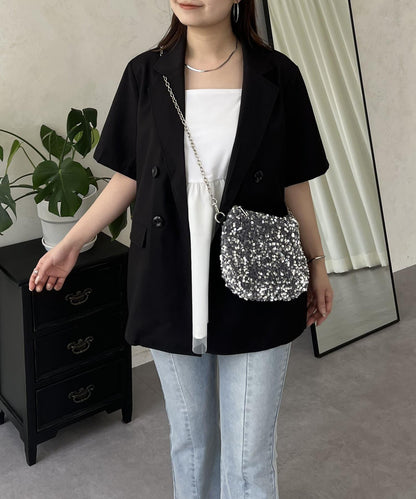 亞麻觸感W鈕釦短袖夾克