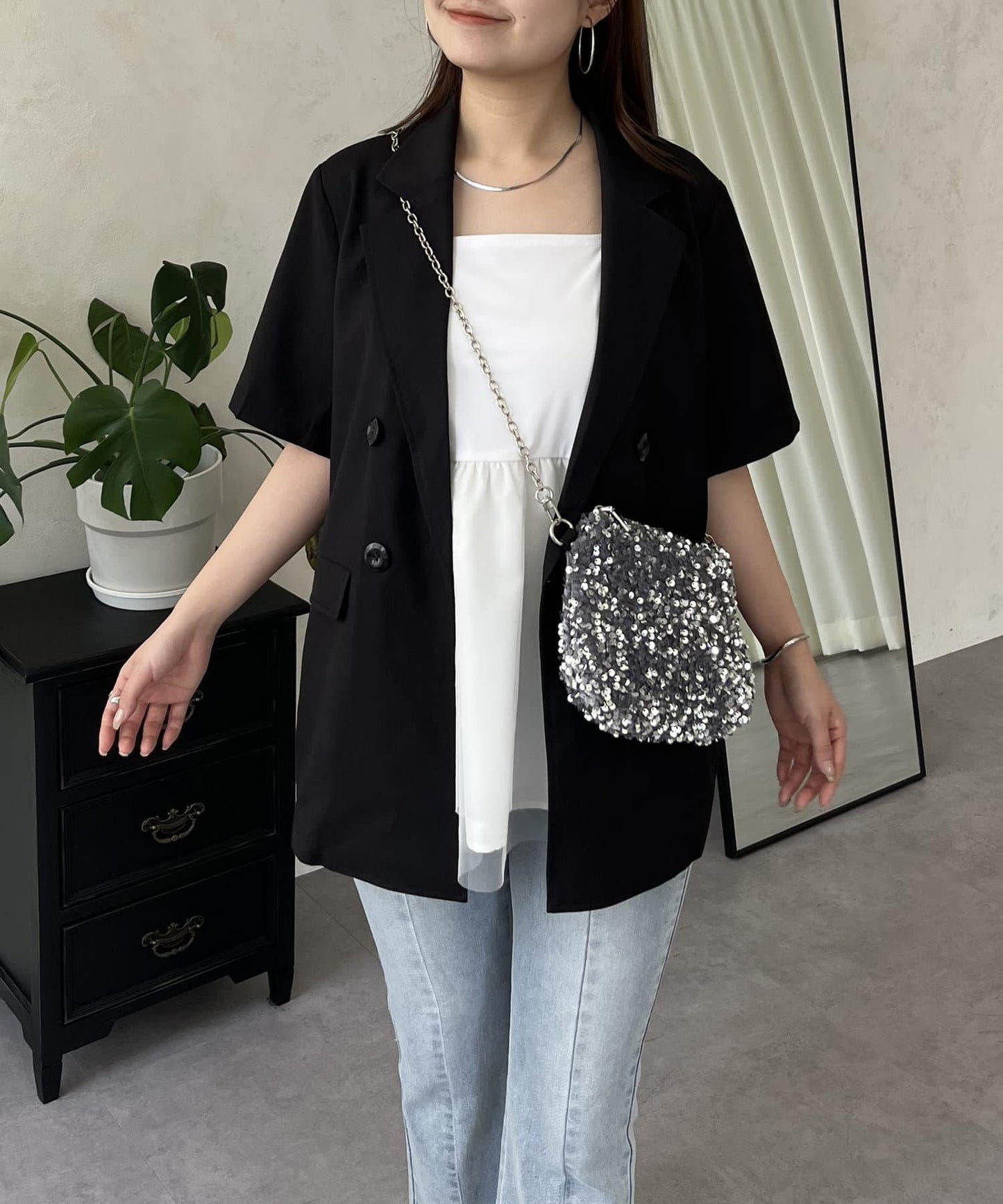 亞麻觸感W鈕釦短袖夾克