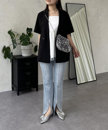 亞麻觸感W鈕釦短袖夾克