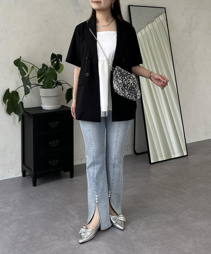 亞麻觸感W鈕釦短袖夾克