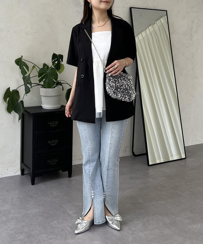 亞麻觸感W鈕釦短袖夾克