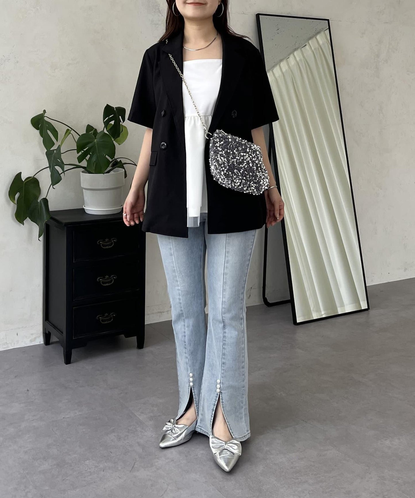 亞麻觸感W鈕釦短袖夾克