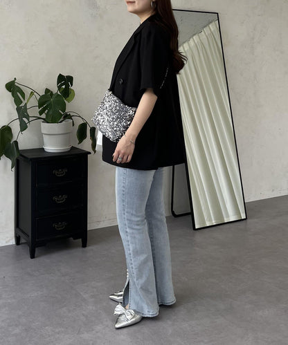 亞麻觸感W鈕釦短袖夾克