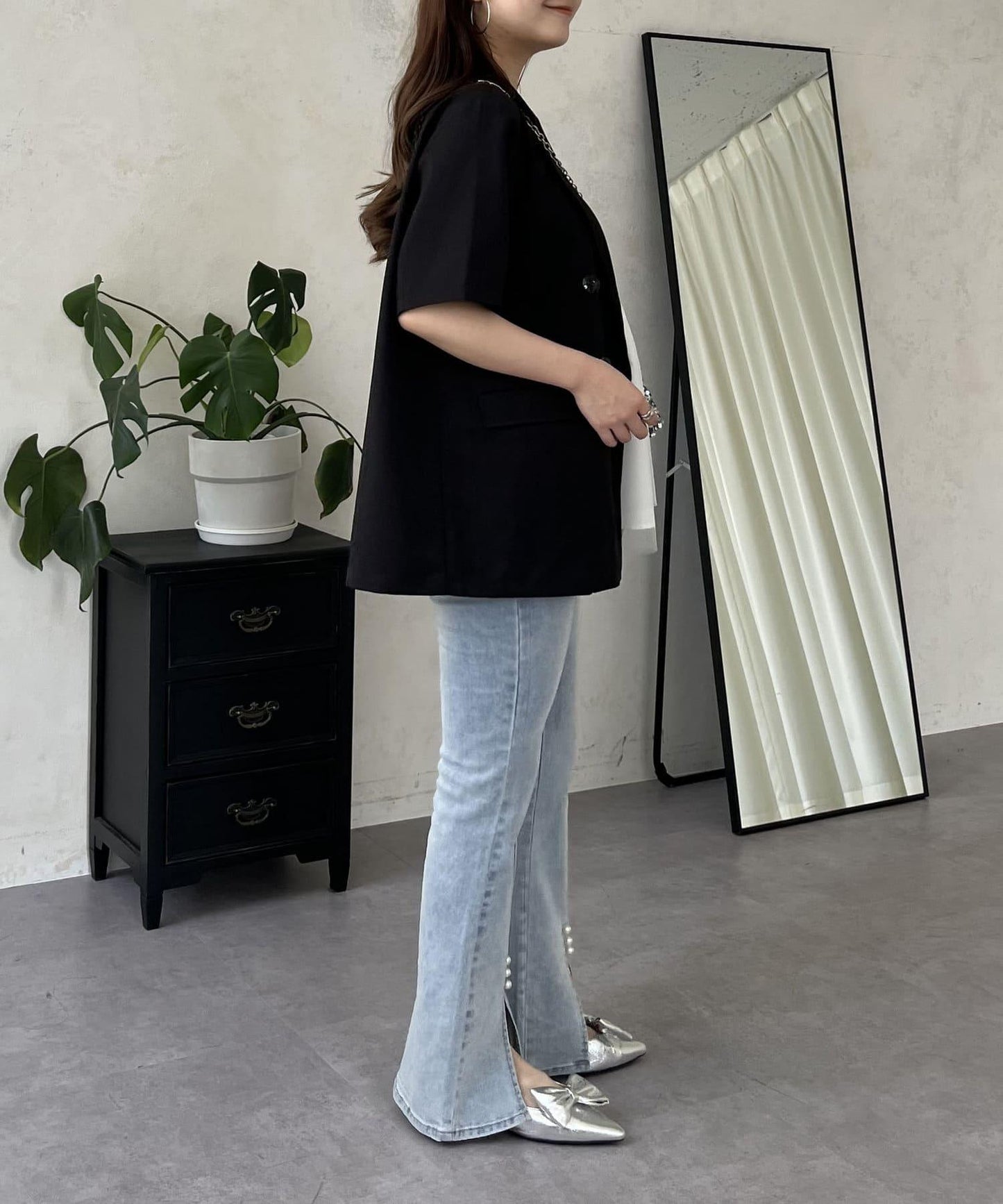 亞麻觸感W鈕釦短袖夾克