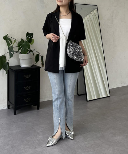 亞麻觸感W鈕釦短袖夾克