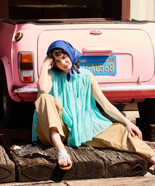 印度棉縐克雷普無袖喇叭袖上衣