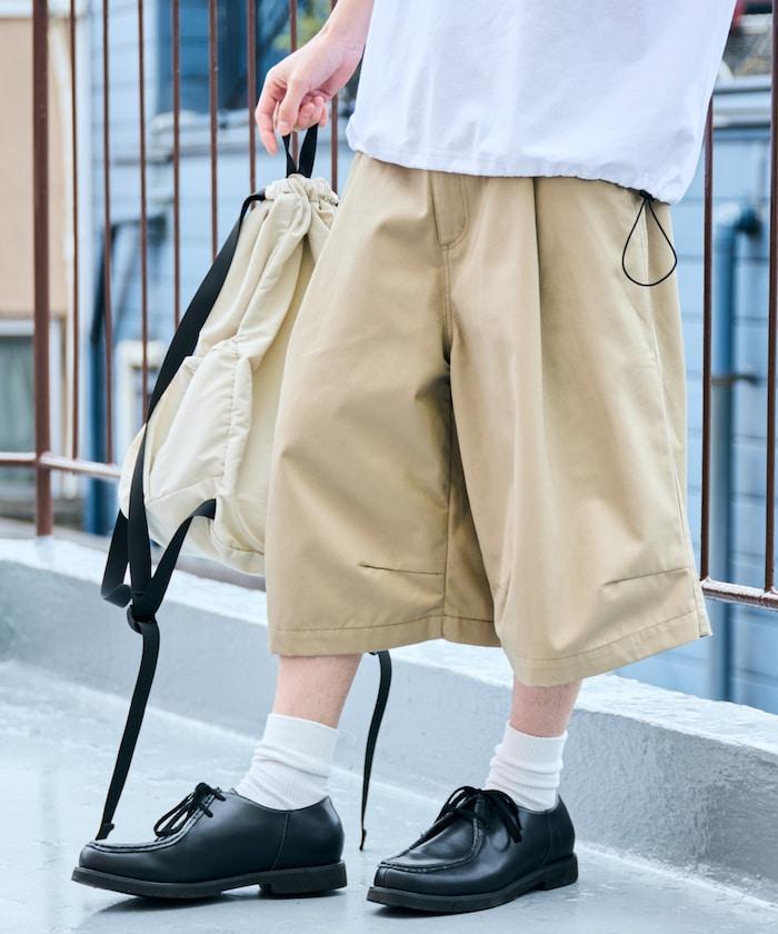 寬鬆款帆布褶皺寬腿短褲