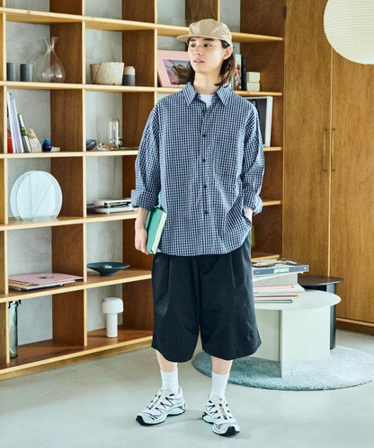 寬鬆款帆布褶皺寬腿短褲