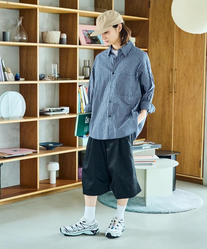 寬鬆款帆布褶皺寬腿短褲