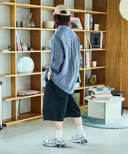 寬鬆款帆布褶皺寬腿短褲