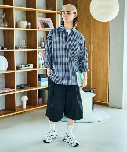 寬鬆款帆布褶皺寬腿短褲