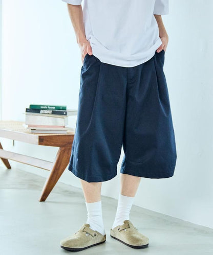 寬鬆款帆布褶皺寬腿短褲