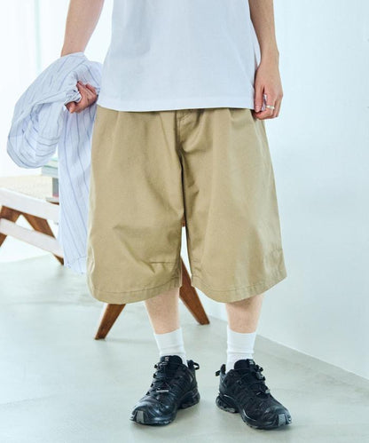 寬鬆款帆布褶皺寬腿短褲