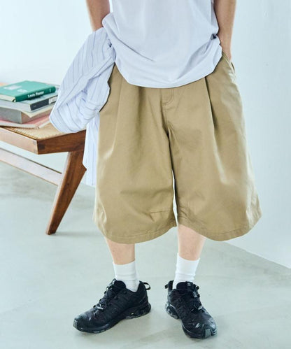 寬鬆款帆布褶皺寬腿短褲