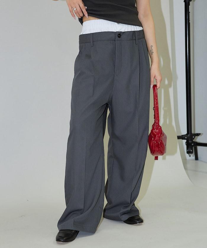 細條紋 雙高腰 雙褶 寬鬆褲