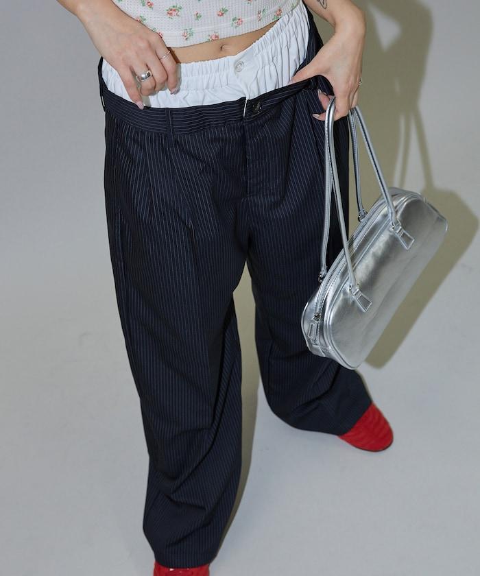 細條紋 雙高腰 雙褶 寬鬆褲