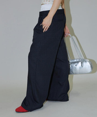 細條紋 雙高腰 雙褶 寬鬆褲
