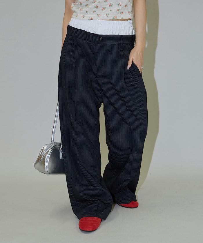 細條紋 雙高腰 雙褶 寬鬆褲