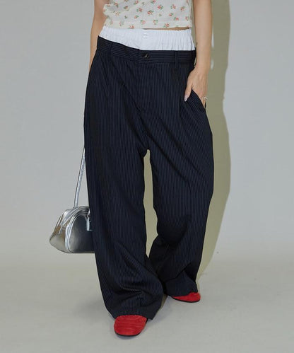 細條紋 雙高腰 雙褶 寬鬆褲