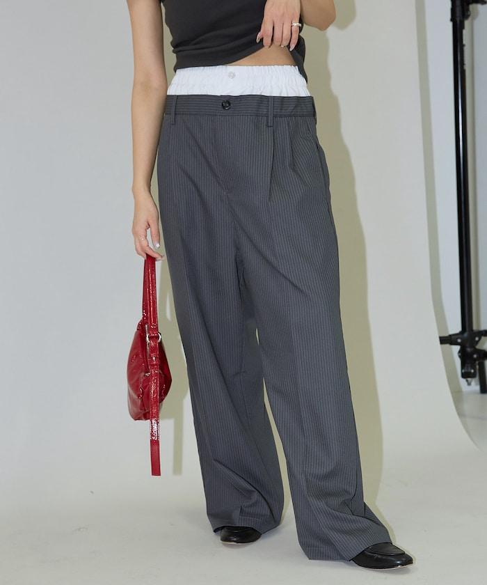 細條紋 雙高腰 雙褶 寬鬆褲